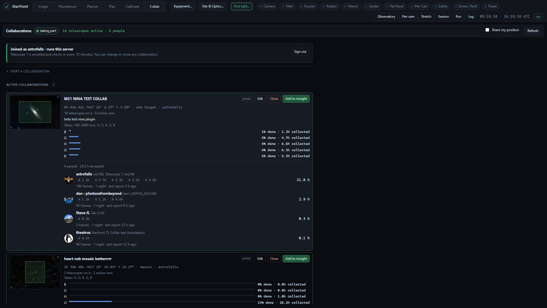 The Collab tab: active collaborations with progress by filter and each contributor's hours.