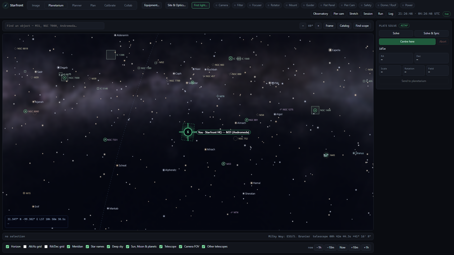 The full Starfront planetarium chart with the telescope marker on M31.